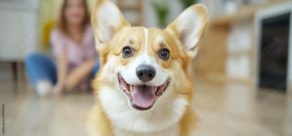 Happy corgi dog looking at camera, woman blurred in background. Happy corgi dog looking at camera, woman blurred in background.
