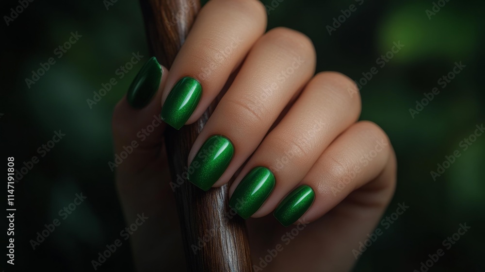 Naklejka premium Glossy Emerald Green Nails in an Enchanted Forest. Generative AI