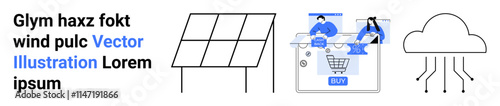 Solar panels harnessing energy, two individuals managing an online shopping cart, and a cloud network. Ideal for renewable energy, e-commerce, cloud solutions, technology integration, smart systems