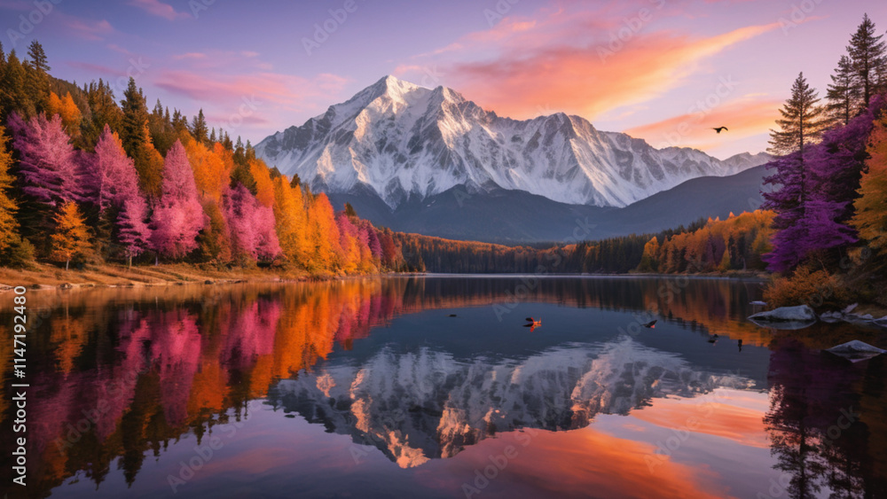 Fototapeta premium a serene mountain lake at sunset, surrounded by towering snow-capped peaks and vibrant autumn trees. The water reflects the fiery orange, pink, and purple hues of the sky