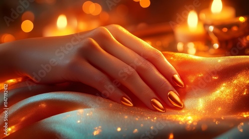 Wallpaper Mural Elegant hand with golden manicure resting on velvet fabric. Generative AI Torontodigital.ca