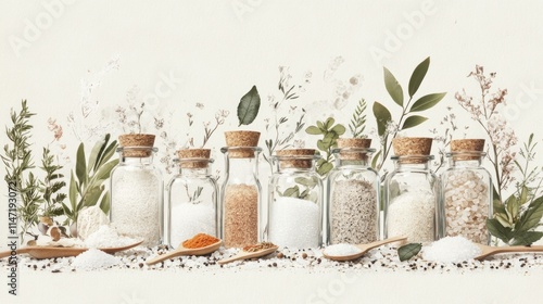 Fototapeta Naklejka Na Ścianę i Meble -  A row of glass jars with cork lids filled with different types of salt and spices with wooden spoons in front of them and leafy plants in the background.
