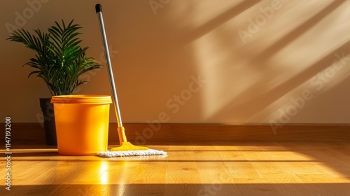 Mop and Bucket in Sunlit Clean Kitchen. Generative AI photo