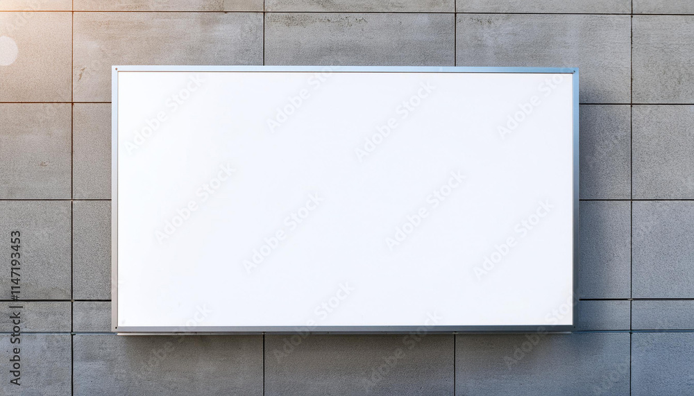 large wide-format wall blank white banner or big board hanging on the concrete wall of a building. Place for advertising. 3d render large wide-format wall blank white banner or big board hanging on the concrete wall of a building. Place for advertising. 3d render