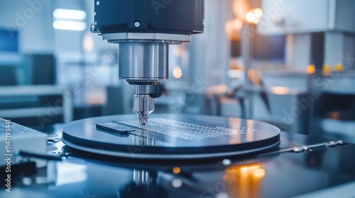 Close-up of a robotic arm inspecting a silicon wafer in a clean room. photo