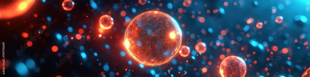 Obraz premium Stunning Visualization of Glowing Red and Blue Molecules in Abstract Space with Illuminated Spheres Highlighting Scientific and Cosmic Connections