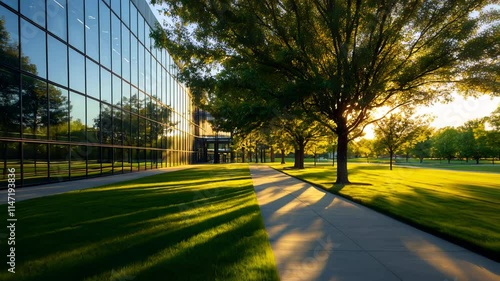 Sunlit office building with glass windows, green lawn, and tree-lined walkway. Sustainable architecture, urban landscaping, and a peaceful corporate environment during sunset. 