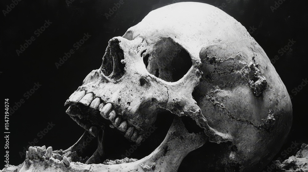 A skull is shown in a black and white photo A skull is shown in a black and white photo