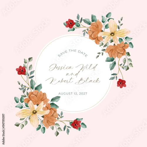 yellow orange red floral watercolor round frame