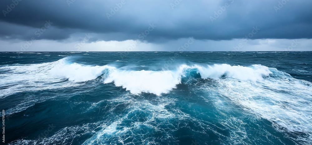 Fototapeta premium Dramatic ocean waves crashing under a stormy sky.