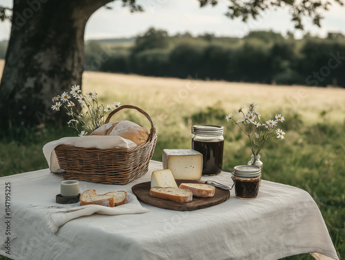 Rustikaler Frühstückstisch mit frischem Brot und Marmelade im Freien

 photo