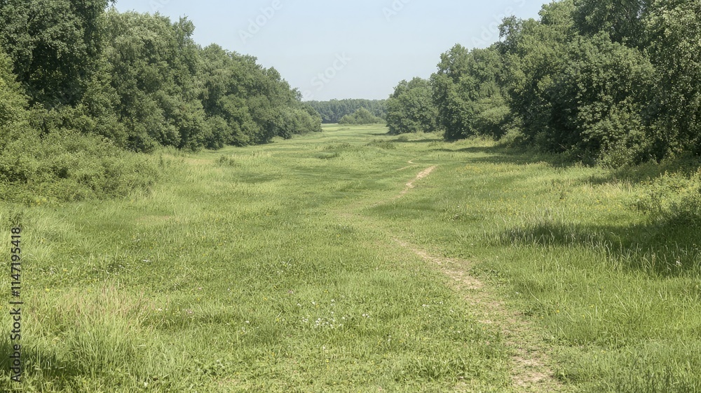 Serene grassy path leading through lush green forest.
