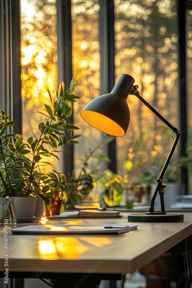 Enhancing modern office ambiance with light and shadow from a decorative desk lamp Enhancing modern office ambiance with light and shadow from a decorative desk lamp