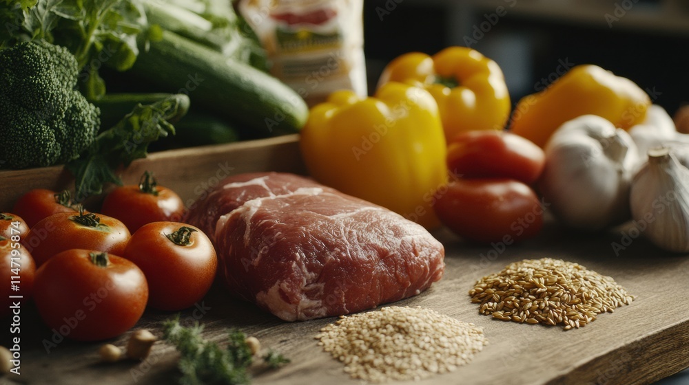 Fresh selection of vegetables, meat, and grains arranged beautifully on a wooden surface for healthy meal preparation. Generative AI Fresh selection of vegetables, meat, and grains arranged beautifully on a wooden surface for healthy meal preparation. Generative AI