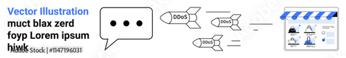 Speech bubble with three dots, missiles labeled DoS and DDoS targeting an online store icon. Ideal for cyber security, internet threats, online safety, e-commerce protection, digital defense, tech