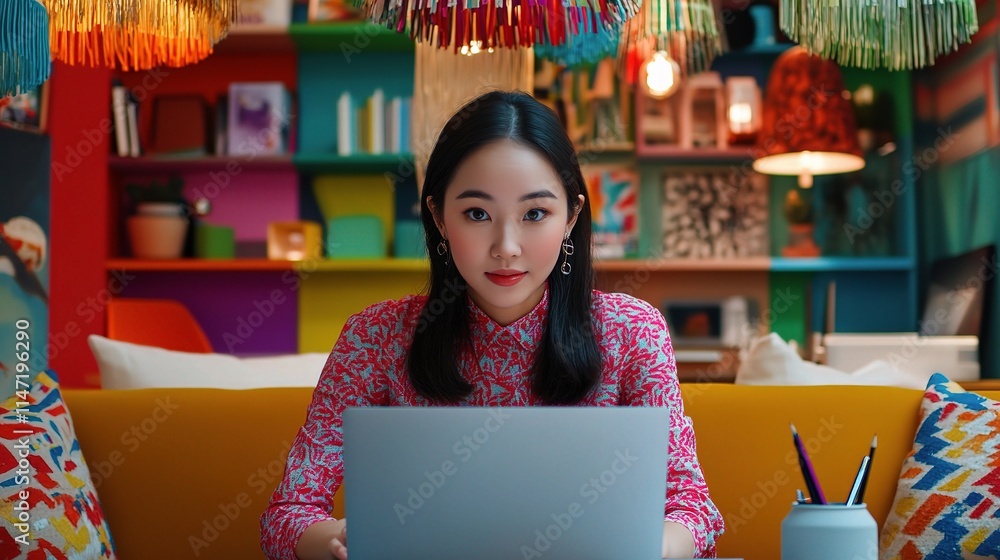 Fototapeta premium Young Asian Woman Engaged in Remote Work in a Colorful Office Space