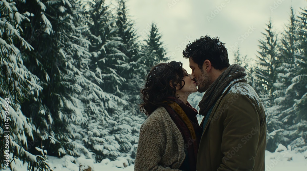 A couple sharing a kiss in a snowy forest, surrounded by towering pine trees dusted with snow A couple sharing a kiss in a snowy forest, surrounded by towering pine trees dusted with snow