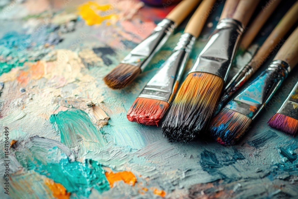 Vibrant artist brushes and colorful paints arranged on a textured canvas for creative expression and artistic exploration. Generative AI