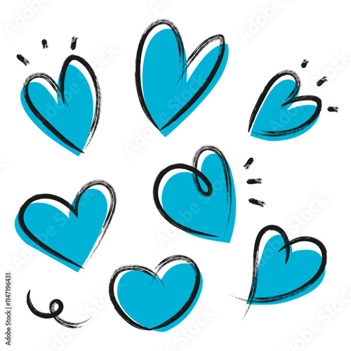 黒いかすれ線のある手描きの赤いハートのイラストセット