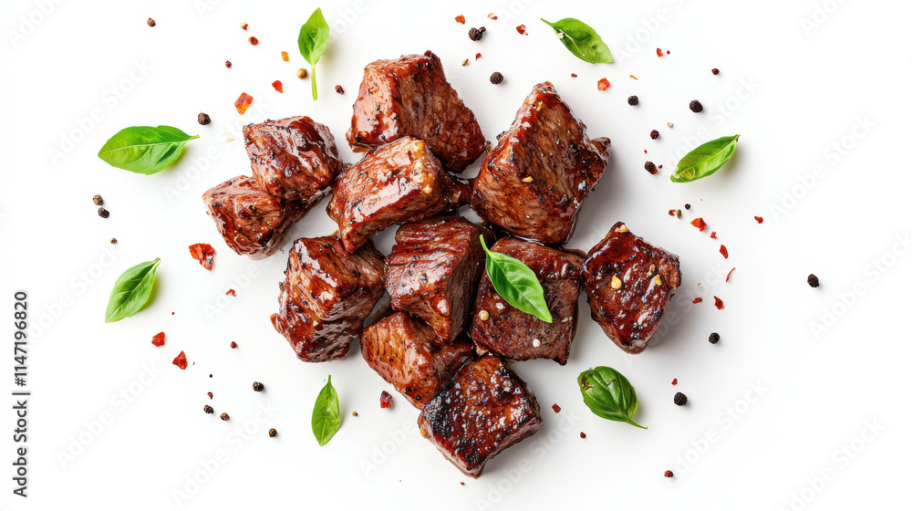 a vibrant composition of grilled meat pieces tossed mid-air, coated with glossy, spicy orange glaze, adorned with sprigs of fresh basil, perfectly separated on a clean white background, ultra-realisti a vibrant composition of grilled meat pieces tossed mid-air, coated with glossy, spicy orange glaze, adorned with sprigs of fresh basil, perfectly separated on a clean white background, ultra-realisti