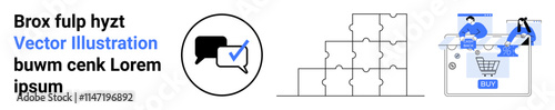 Speech bubble with check mark, puzzle pieces stacked, online shopping scene. Ideal for business communication, project management, e-commerce, online collaboration, brainstorming, digital marketing
