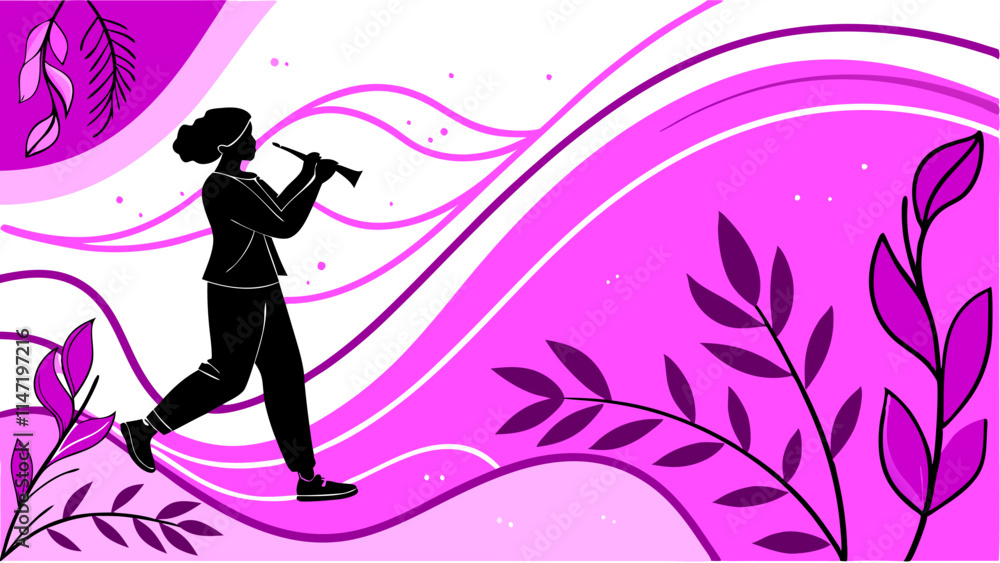 Elegant Woman Flute Player Abstract Art - Pink Purple Vector Graphic. Elegant Woman Flute Player Abstract Art - Pink Purple Vector Graphic.