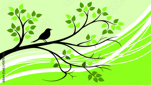 Spring Bird on Branch: Lime Green Nature Background - Vector Illustration.