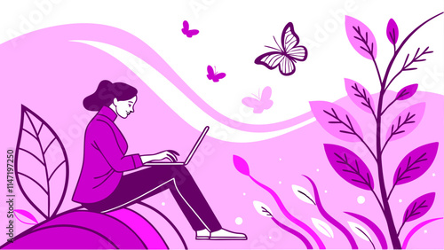 Serene Purple Nature Laptop Woman: Line Art Illustration - Peaceful Productivity.