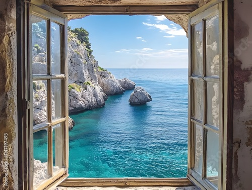 Luxury stone window frames in Italy offer views of a rocky beach and teal blue Mediterranean waters