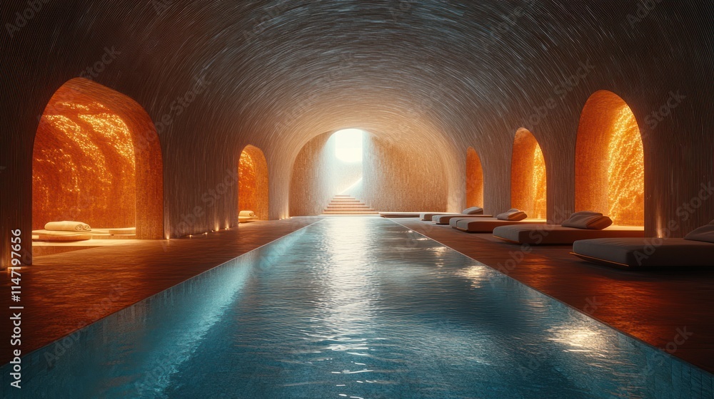 Luxurious indoor pool in a cave-like setting with arched alcoves and lounge chairs. Luxurious indoor pool in a cave-like setting with arched alcoves and lounge chairs.
