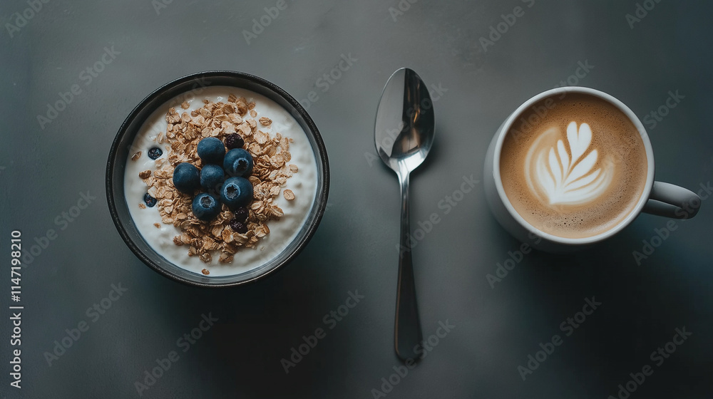 Fototapeta premium Gesunder Joghurt mit Beeren, Granola und einer Tasse Kaffee