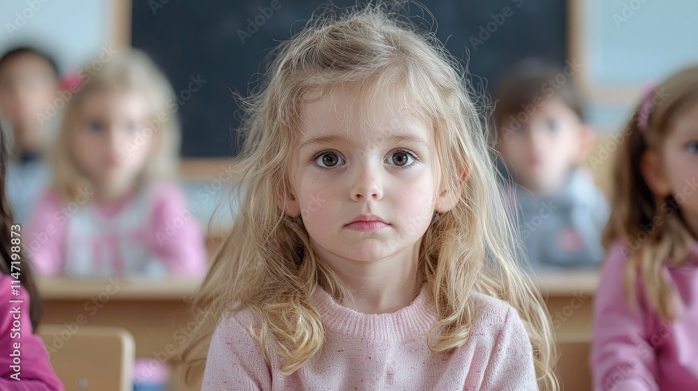 Preschool girl in classroom, serious expression. Preschool girl in classroom, serious expression.