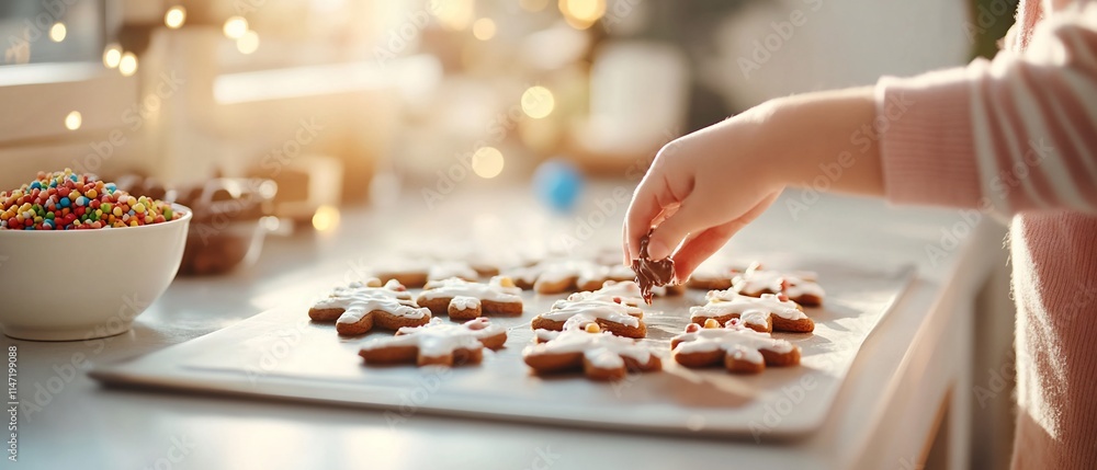 Child decorating star-shaped gingerbread cookies with sprinkles. Child decorating star-shaped gingerbread cookies with sprinkles.