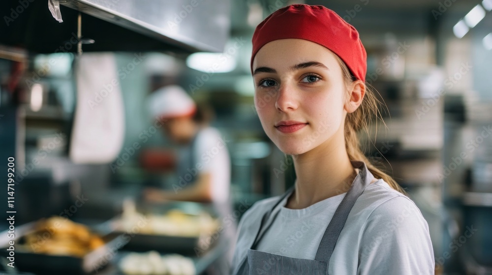 A young woman in a red hat and grey apron looks confidently at the camera while working in a professional kitchen. A young woman in a red hat and grey apron looks confidently at the camera while working in a professional kitchen.