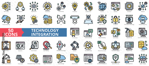 Technology integration icon collection set. Containing digitalization, automation, connectivity, innovation, collaboration icon. Simple flat outline vector illustration.