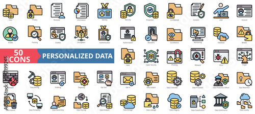 Personalized data icon collection set. Containing privacy, personal, information, identity, security, protection, confidential icon. Simple flat outline vector illustration.