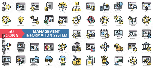 Management information system icon collection set. Containing cloud computing, integration, data, technology, database, software, hardware, network icon. Simple flat outline vector illustration.
