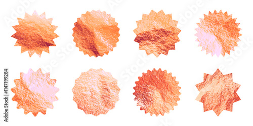 Rose gold stars, sunburst symbols. Shiny gold foil. Vintage sunbeam symbols. Shopping labels, sale sticker, quality mark. Modern art. Wedding, greeting card decoration elements. Vector illustration