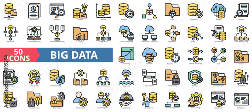 Big data icon collection set. Containing database, information, analytics, insight, volume, velocity, variety, value, processing, storage icon. Simple flat outline vector illustration.