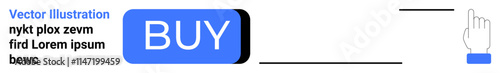 Blue BUY button next to a finger pointing hand icon, with placeholder text in a neat layout. Ideal for e-commerce, web design, user interface, call-to-action buttons, online shopping, digital