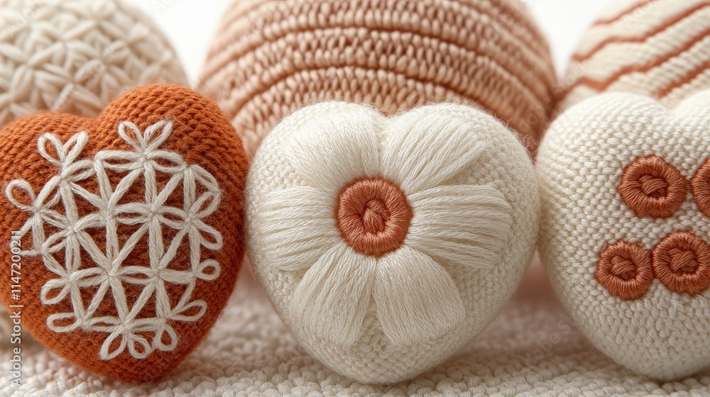 Close-up of four handcrafted hearts; two orange, two white, with intricate embroidery. Close-up of four handcrafted hearts; two orange, two white, with intricate embroidery.