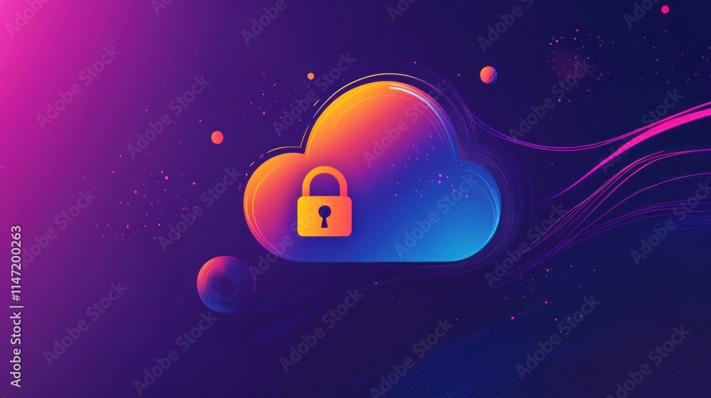 Abstract cloud with lock icon on a vibrant purple background, representing data security and cloud storage. Abstract cloud with lock icon on a vibrant purple background, representing data security and cloud storage.