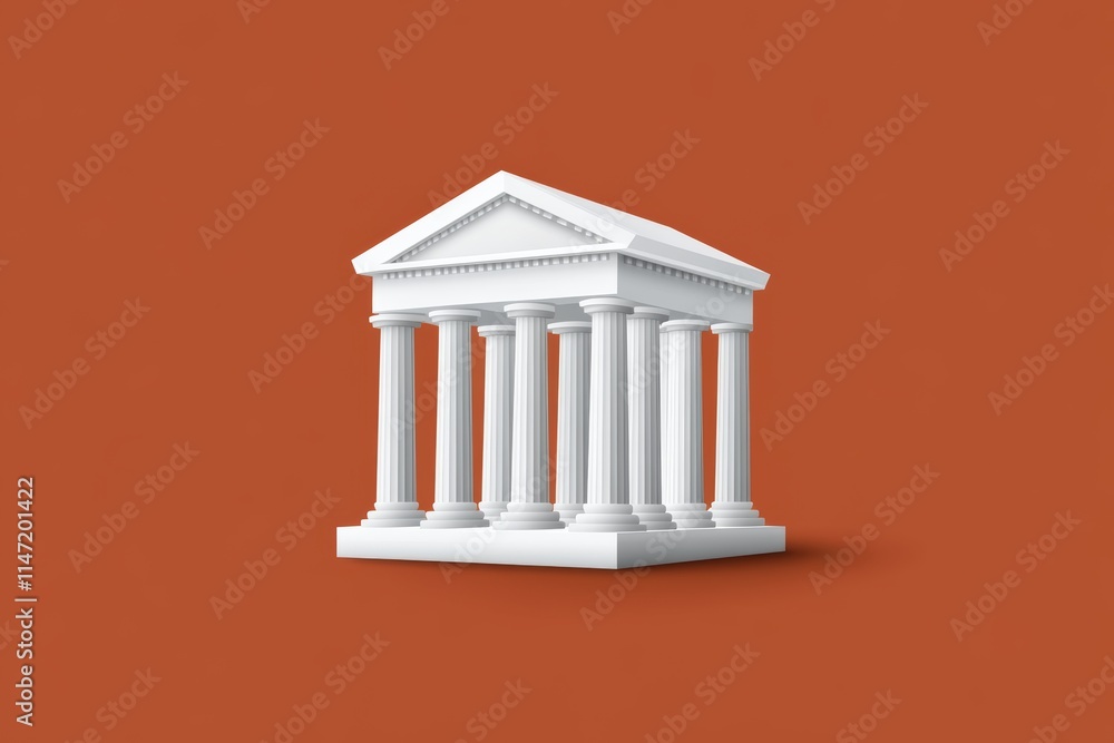 Obraz premium A minimalist white building with columns on a solid orange background.