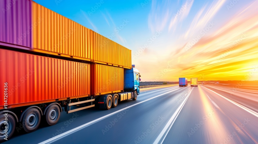 Semi-truck driving on a highway at high speed, symbolizing modern transportation and logistics. Semi-truck driving on a highway at high speed, symbolizing modern transportation and logistics.