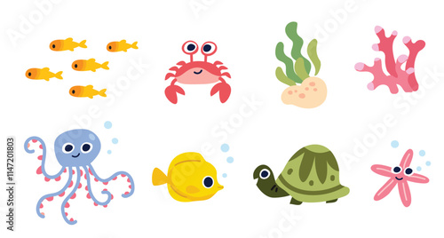Collection set of aquarium animal inhabitants, marine ocean inhabitants turtle corals algae crab fish starfish octopus 