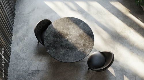 Round stone table and black chair indoors, top-down shot Generative AI round stone table with black chair in an indoor setting, aerial view
