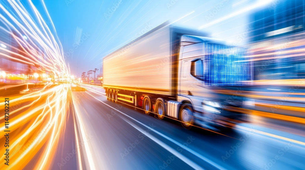 Semi-truck driving on a highway at high speed, symbolizing modern transportation and logistics. Semi-truck driving on a highway at high speed, symbolizing modern transportation and logistics.
