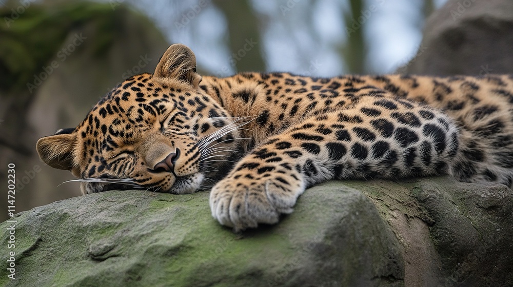 Sleeping Leopard (Panthera pardus) at Eberswalder Zoo. China-Leopard or Amur leopard (Panthera pardus orientalis). Sleeping Leopard (Panthera pardus) at Eberswalder Zoo. China-Leopard or Amur leopard (Panthera pardus orientalis).