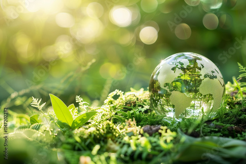 A glass globe sphere is surrounded by nature and plants, referencing a sustainable future for planet Earth.