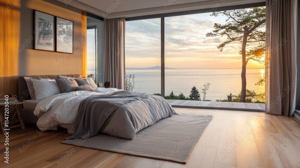 Luxury bedroom with oceanfront view, elegant hardwood flooring, soft grey and white bedding, gentle sunrise Luxury bedroom with oceanfront view, elegant hardwood flooring, soft grey and white bedding, gentle sunrise